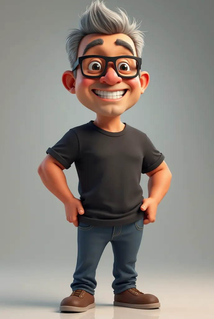 Create a mascot of an adult man standing in a stylized brown-skinned Disney Pixar-style 3D cartoon, With very short hair and gray hair, wearing modern glasses.  It must have a wide and expressive smile , strong arms. Wear him with a black t-shirt with a. T...