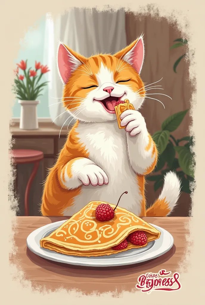 Just a cat eating crepê, for a logo of creperie, add to it name Express crepes & more and motto which is purrfectly sweet crepes