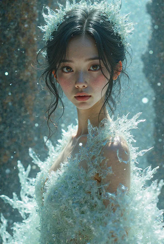 An Asian girl wearing a gown made out of broken glass shards. Game style, semi realistic, semi anime 