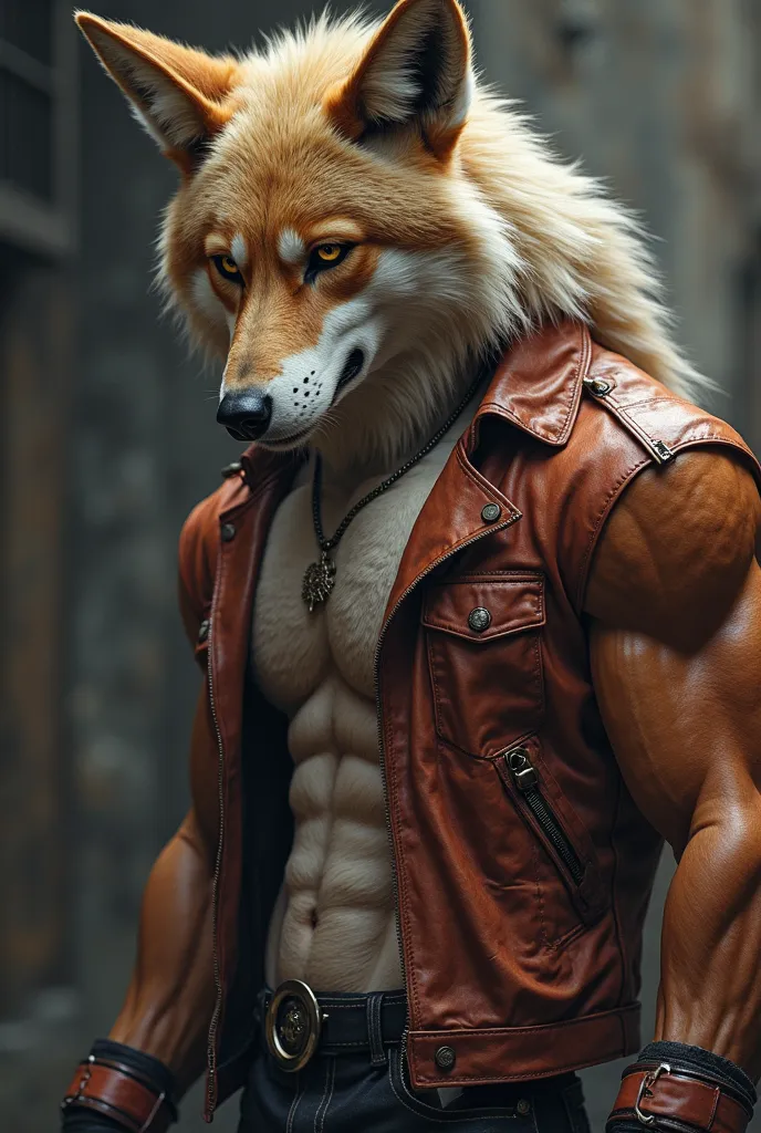 Masterpieces, furry, male, Anthropomorphic, maned wolf, veiny, slim fit body, Delicate eyes, white goatee, glistening body, street thug, biker thug, realistic, depth of field, perfect lighting, (best quality),(masterpiece),(ultra detailed), sharp focus, ar...