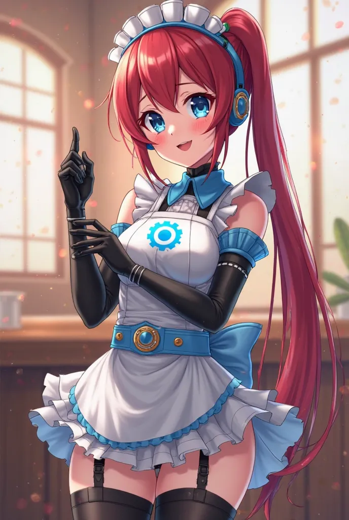 A maid cafe, a sexy anime female robot, scantily clad with gray white robot skin, curvy, robot shoulders, big blue eyes, medium breasts, ((pink cheek dots 1.3)), maid headdress, big smile, long red hair with a single side ponytail, light blush, wearing a s...