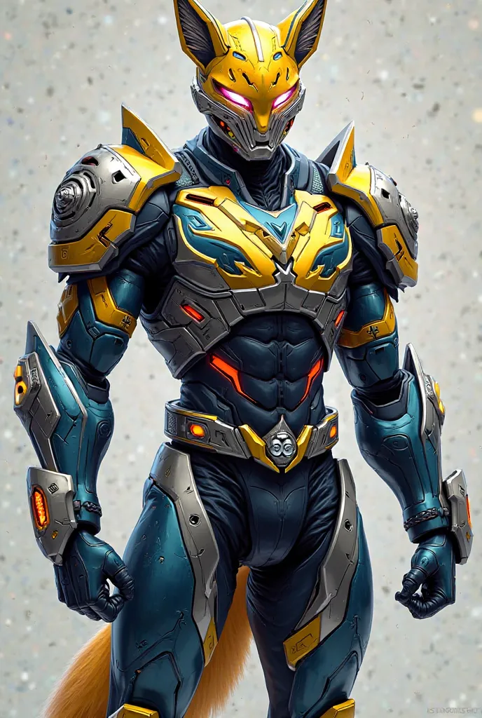 "Create a highly detailed Invincible-inspired suit of armor that incorporates elements from Kamen Rider Geats and fox motifs. The armor should have a sleek, futuristic design with a mix of metallic plating and flexible undersuit, built for agility and powe...