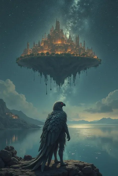 A bird human watching a floating city, a night scene, the surface of the water far below reflecting the starry sky, a fantastic, poetic expression,