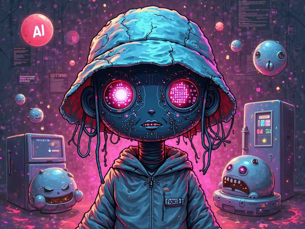 A cyberpunk-inspired AI overlord with a malfunctioning, glitchy appearance. It wears a crinkled tinfoil hat as a shield against ‘AI mind control.’ Its face is a mix of glowing neon circuits and meme expressions, constantly shifting between pixelated glitch...