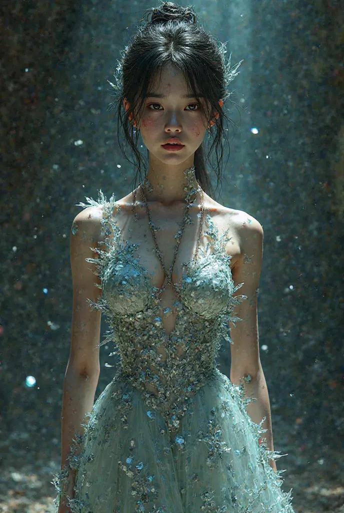 An Asian girl wearing a gown made out of broken glass shards making her bleed. Game style, semi realistic, semi anime full body 