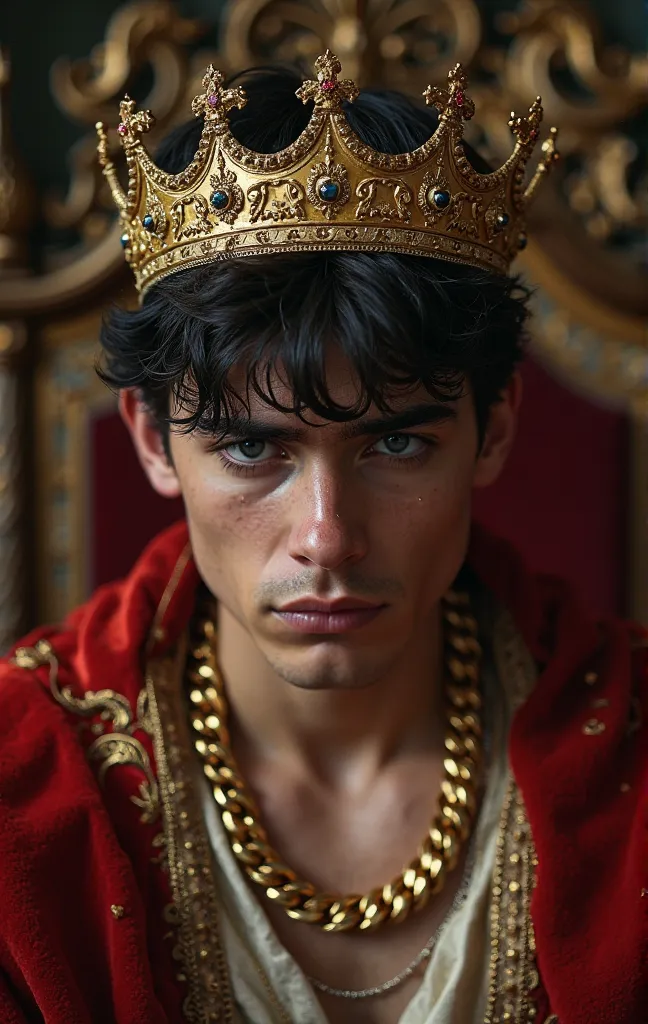 "A poignant and emotional portrait of a young king, adorned with a magnificent golden crown and regal attire. His dark hair is tousled, with strands falling across his forehead, but his expression is one of deep sorrow and grief. Tears trace down his face,...