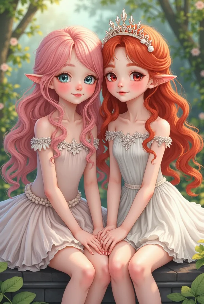 drawing ( masterpiece, best quality , High resolution: 1.4) (photorealism:1.2) detailed drawing . Un dibujo de dos  younges. The first is pink wavy hair, thin, long wavy hair,  light blue eyes, soft leather, white skin, Delicate, friendly. Delicate. Clothi...