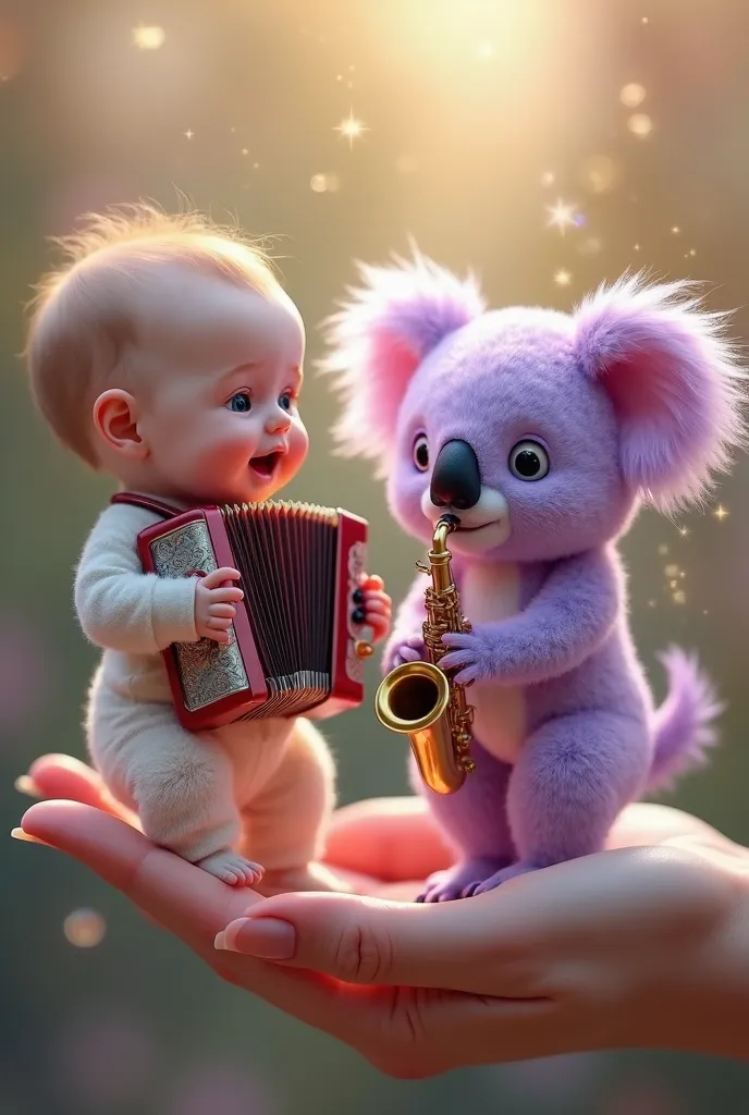 A hyper-realistic baby sitting on a human hand, playing a small accordion. Next to the baby, a very beautiful, super cute purple koala with large, shiny purple eyes is standing on the same hand while playing a miniature saxophone. The koala features soft p...