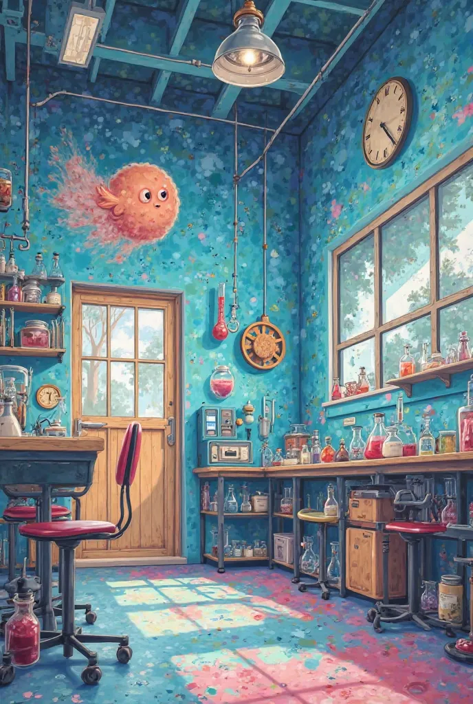 Wall painting mural art, anime-themed physicochemical laboratory, with dust cover the students I want this but as if more creative and friendly as I liked it to ren that it is both striking and that it makes them want to be interested in science, kawaii ty...