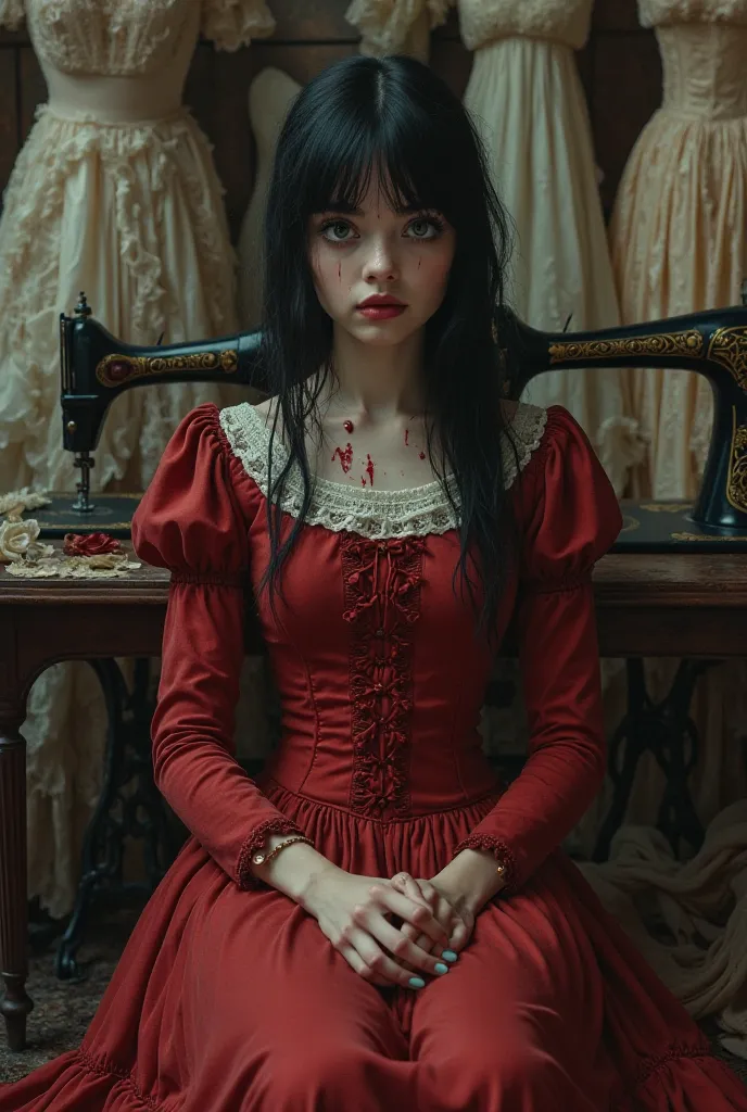 A picture of a girl wearing a red Victorian dress with black hair and green eyes with drops of blood on her hands and behind her sewing machines, dresses and sewing machines 