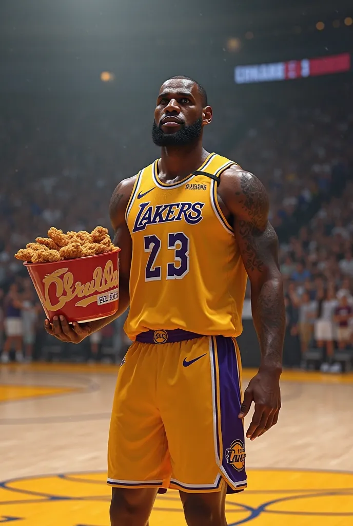 Lebron James with a bucket of fried chicken in his hand and a basketball in the other.
The background is the Lakers basketball court 