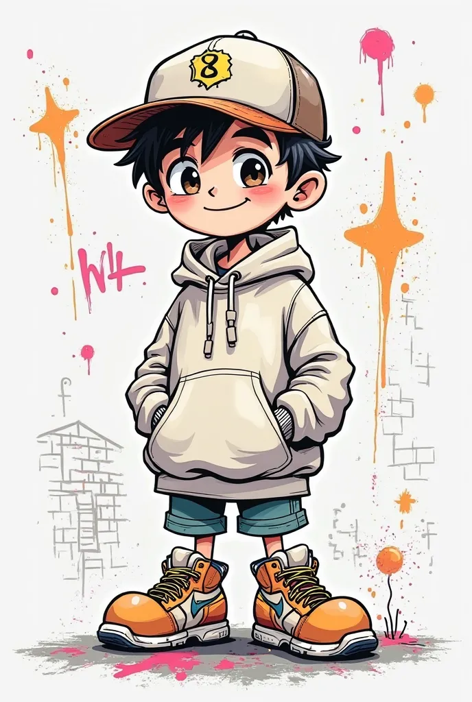 Drawing of a simple toothpick character, with body and head made of fine lines. He is wearing a cap and an oversized sweatshirt, with large and fun sneakers. The character is smiling, with big expressive eyes and a spray of ink on the paint, in a graffiti ...