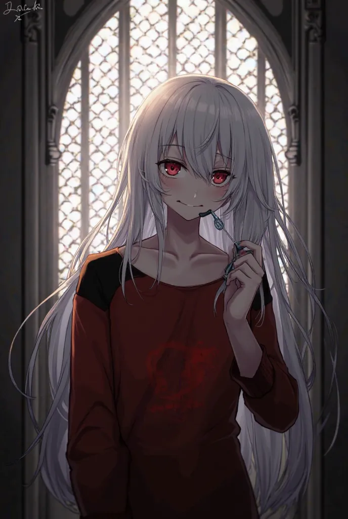 male、Eye color、red or 、Blue color、long hair、 hair color is white、Background、 church、 Cross のピアス、 behind、 Cross 、The light is coming out of the window、Kiva is coming out of my mouth、Clothes、Red、black from the top of the t-shirt、 Jumper 、real。vampire