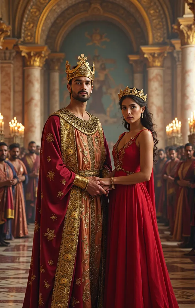 "A regal and opulent scene set during an extravagant ceremony. A young king, dressed in a lavish golden and red robe adorned with intricate designs, stands proudly beside a beautiful woman in a stunning red gown. The king wears a magnificent golden crown, ...