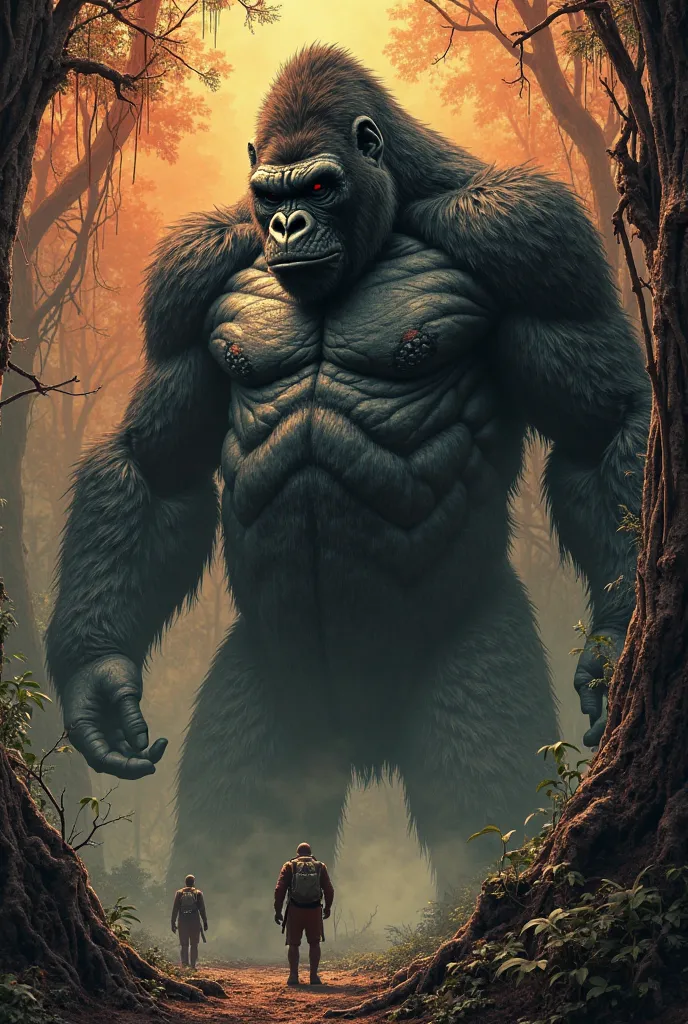 "Create a concept art of King Kong in the style of Francis Ford Coppola, as if it were a hand-drawn illustration on paper. The art should capture the magnitude and emotional complexity of the character, with a majestic and imposing Kong, yet also melanchol...