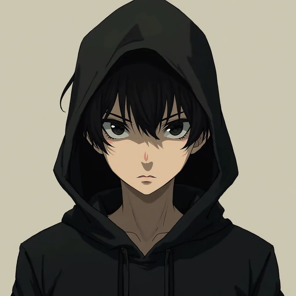 Anime male, looking at viewer, mouth closed, emotionless face, black hoodie 