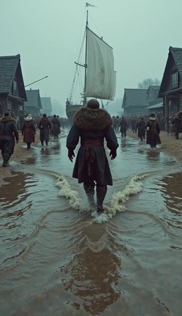 "A hyper-realistic scene seen from a first-person perspective (POV). The Viking ship hits the wet sand of the beach and the warriors jump into the shallow water, with pure adrenaline. The viewer steps onto the firm sand, feeling the resistance of the damp ...