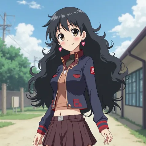 Screenshots of Boku no hero Academia Girl with long curly black hair with black eyes in the UA uniform my hero Academi with black ankle boots with elegant heels and in the background a training camp Long black and curly hair,  breasts, heart earrings,  smi...