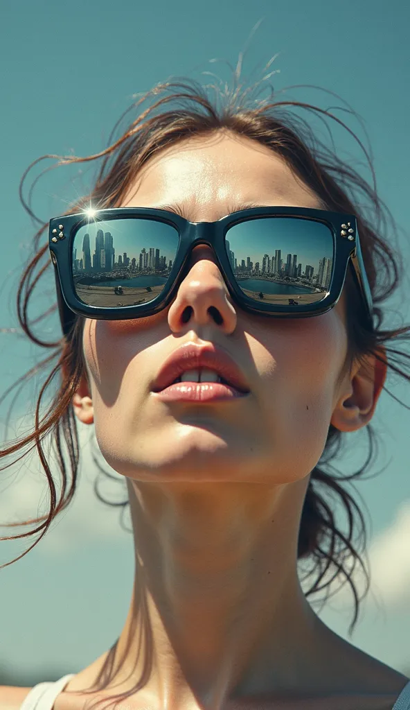 medium close-up on a woman's face as she pulls off her sunglasses, her face shows shock and disbelief at what she sees, in the dark glasses she is pulling off there is a reflection of a futuristic city floating in the sky, the city floating in the sky is r...