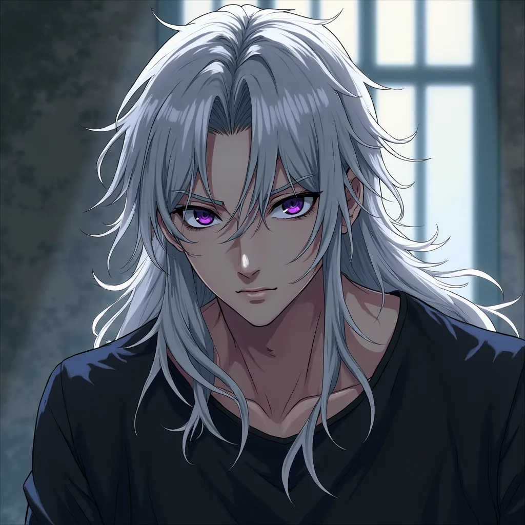 Create an anime style man, He has long snow-white hair. Your eyes are purple with dark circles,  he wears a black shirt . He is slightly muscular. There's a small scar on the right corner of his lips