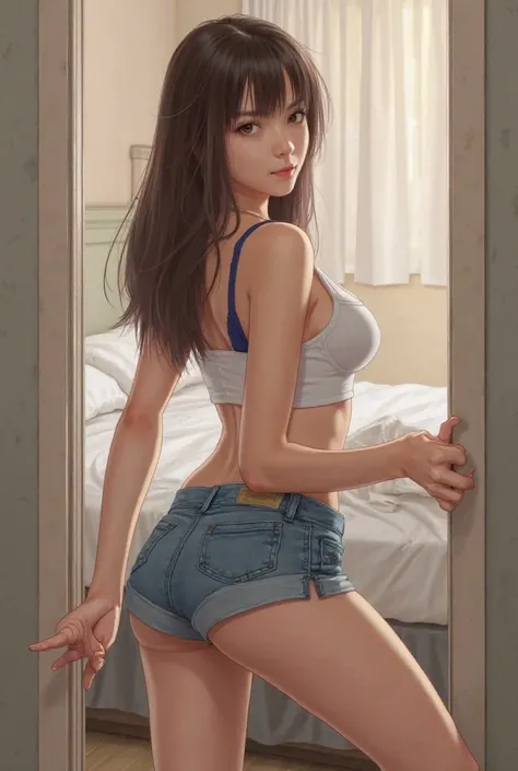 score_9, score_8_consolation, score_7_consolation, score_6_consolation, ratings_ rest , (걸작, top quality), 1 female, ,  small buttocks , Crop top, baggy denim shorts, bedroom, striped stockings, transformation, Man butt , On four legs,