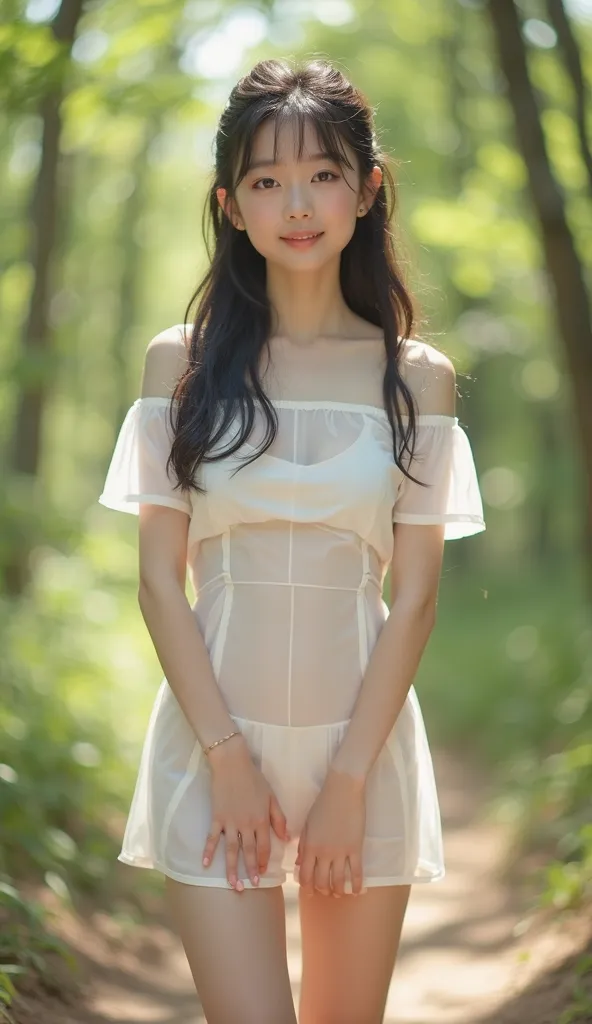 photorealistic，ultra high resolution，Top quality，best quality，8 k，RAW Photos，Highly detailed，ultra high resolution，(amazingly cute real Japanese girl)，whole body， 1 person，face forward， Early morning in the woods  ，Bright sunlight pours，lighting，White simp...