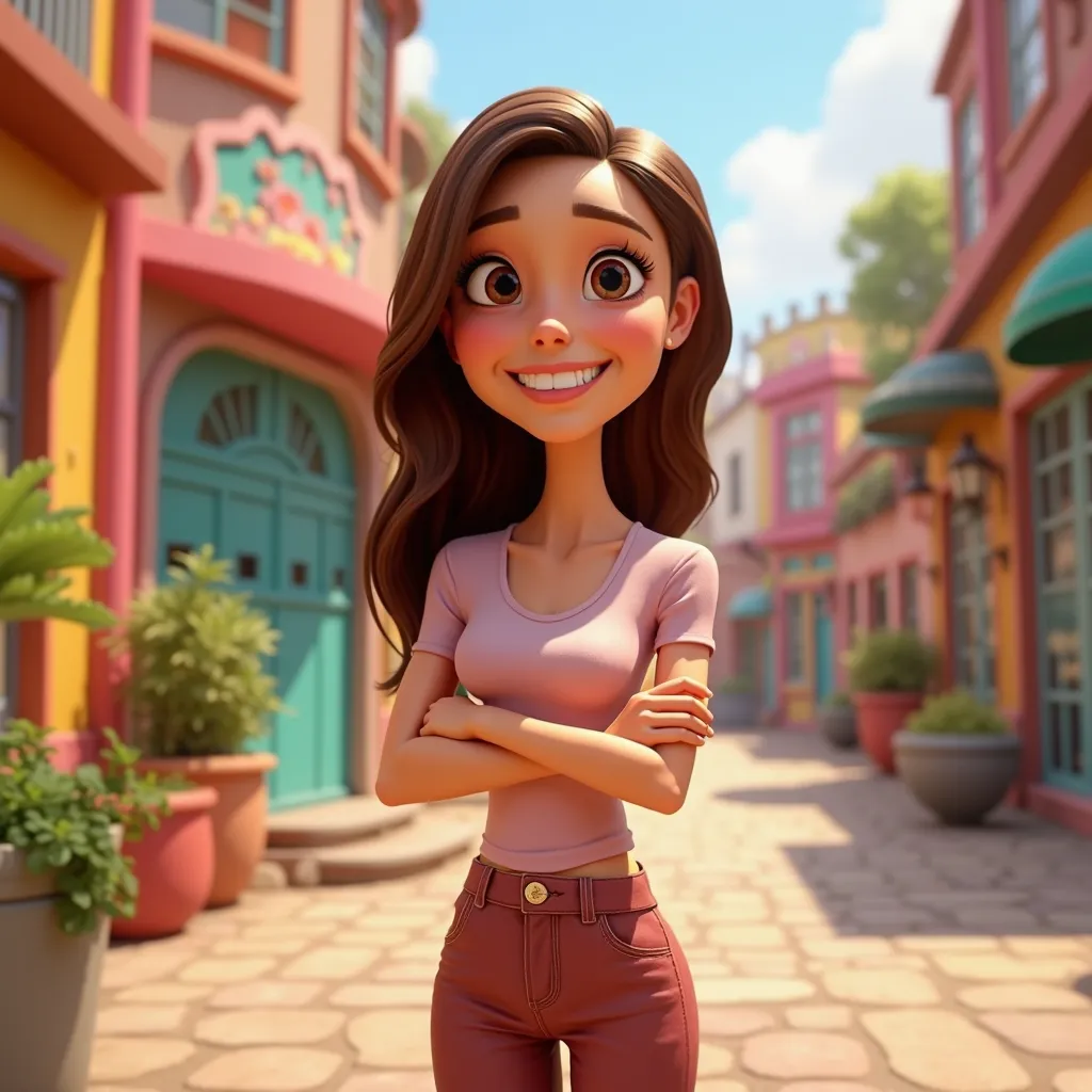 Create a 3d cartoon scene -Pixar style, where a woman, 35-year-old light brown smooth-haired, She's holding her arms crossed and smiling.