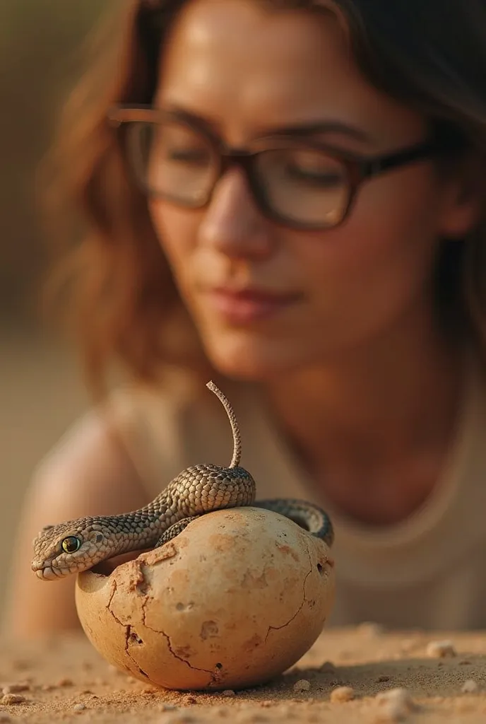 The model wears glasses "In a warm and quiet environment, the camera focuses on a small snake egg, buried partially in the sand. As the sun begins to rise, the first lights of the day illuminate the surface of the egg, showing small cracks that begin to fo...