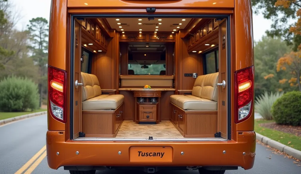 "An orange Thor Motor Coach Tuscany motorhome viewed directly from the back in full HD, with the rear doors open, revealing a glimpse of the luxurious interior. The scene showcases a spacious layout with leather seating, wooden cabinetry, and ambient light...