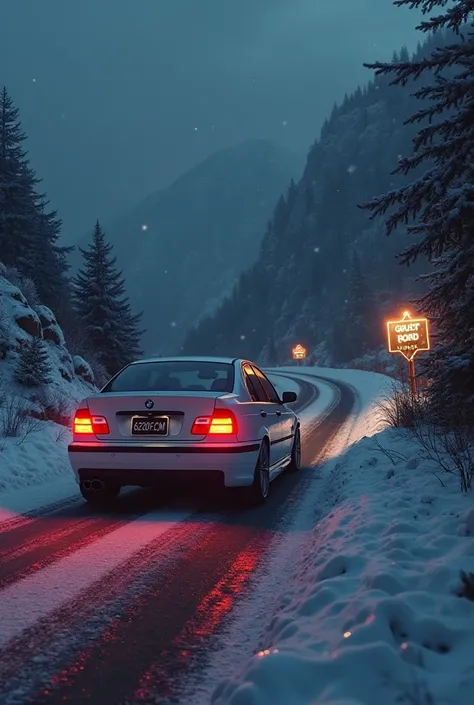 A white BMW E46 sedan with license plate 6280FCM red angel eyes headlights on a dark mountain road with snow and a sign that says Ghost Road Night 