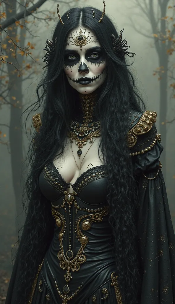 A goddess Hel beautifully detailed with makeup or complex, resembling a decorated skull, often associated with Day of the Dead celebrations, art with detailed gold designs adding an ornate touch with long black hair and pale white skin Her reflective and i...