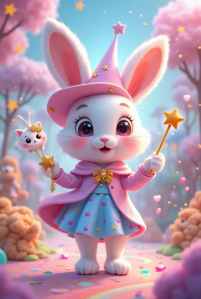 "Create a colorful and cute image of Anthropomorphic white rabbit as a fun magician in a toy park magician. She wears a light pink magician's hat with golden stars, uma capa curta de cetim lilac  com bolinhas brilhantes e um vestido rodado azul-claro com p...