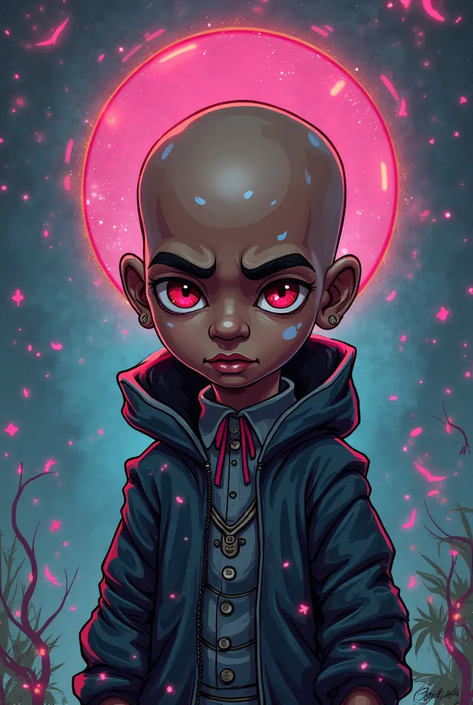 Create a paranormal cartoon character who is 27 years old, is black, Asian, bald, high, arrogant and stylish 