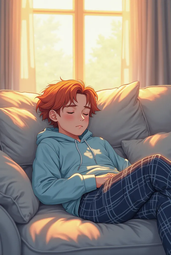 


Create A cozy anime-style illustration of a man peacefully napping on a modern gray sofa, surrounded by soft matching gray cushions. He has slightly tousled soft orange hair and delicate facial features, his expression serene as he rests. His posture is...