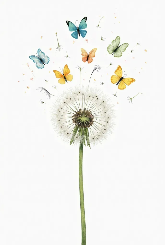 create a detailed watercolor painting of the top of a single dandelion with flying seeds as if the dandelion was being blown on and as the seeds are blown off the dandelion each seed is turning into a colorful butterfly. the dandelion should have a vertica...