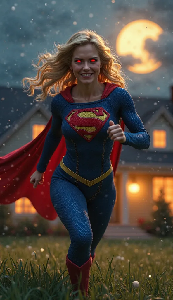 "A highly detailed 3D render of Supergirl with blonde, wavy hair flowing in the wind as she runs towards the viewer with an intense and mischievous grin. Her glowing red eyes give a slightly eerie and powerful aura. She wears a form-fitting, textured blue ...