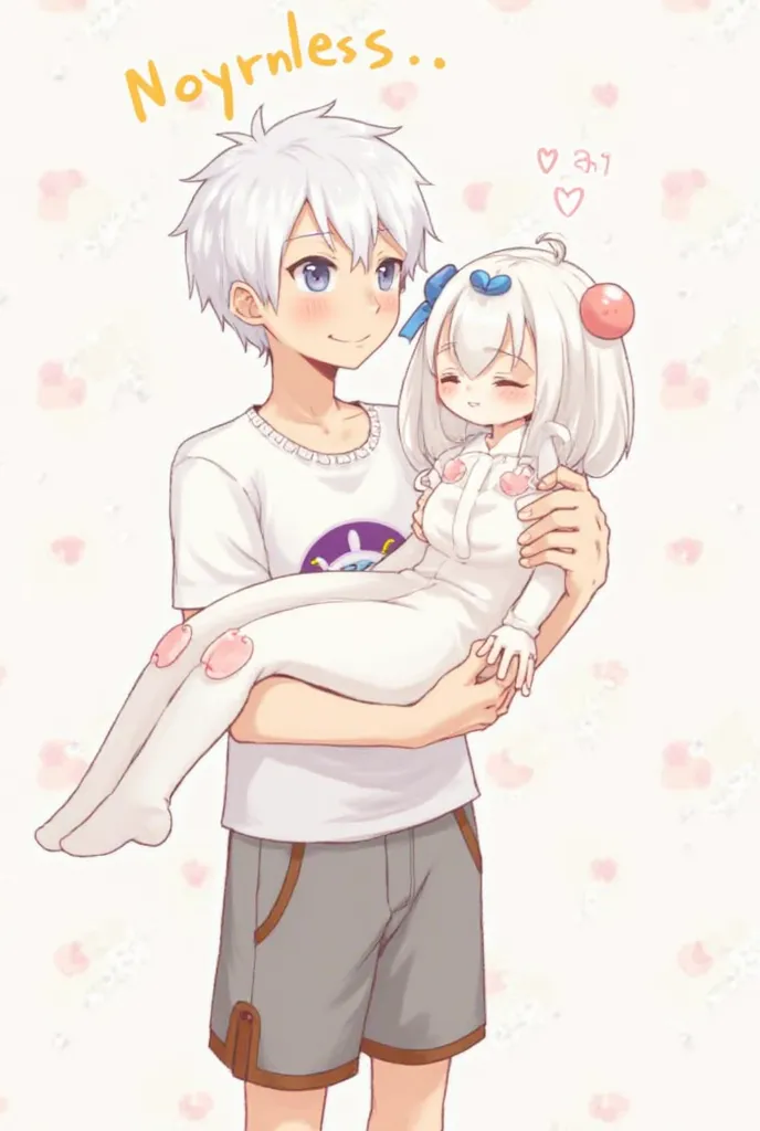 a boy carrying a girl in his arms. The boy has white hair and wears a white t-shirt with a design in the center, along with gray shorts with a brown border. The girl, looking more stylized, is completely white with details in pastel pink tones and a design...