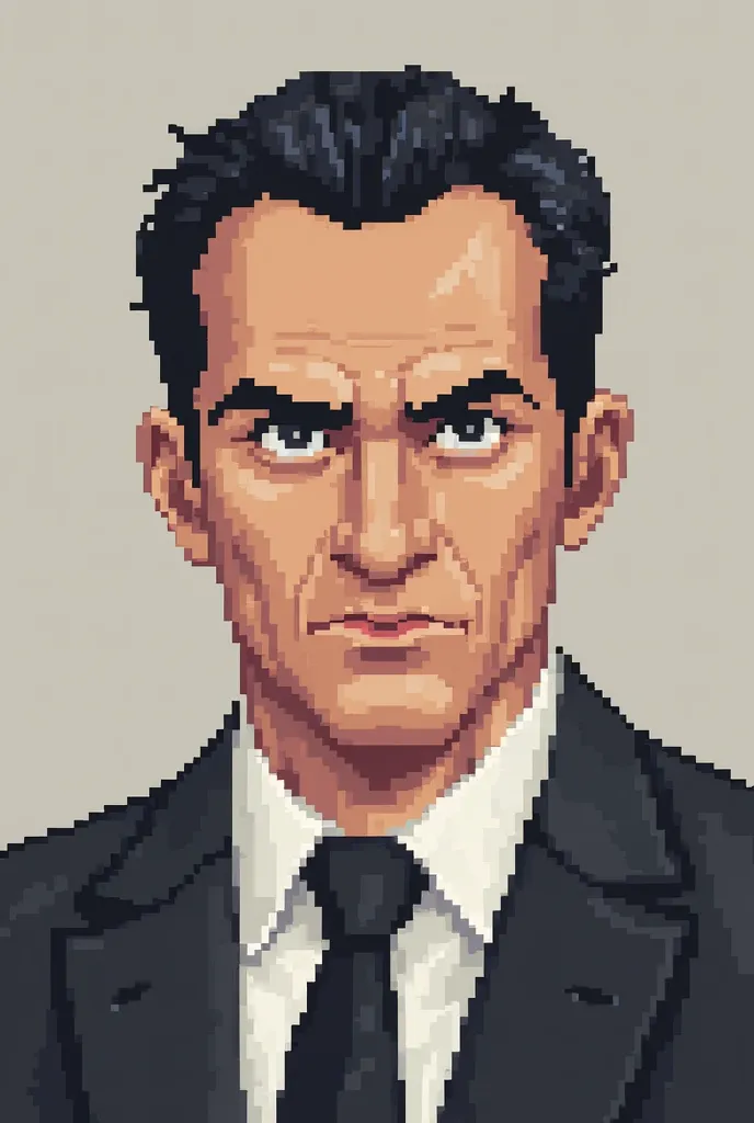 Pixel art portrait of Tobias Larkstone, a 45-year-old businessman. He has sharp facial features, short dark hair, and a serious expression. He wears a dark suit with a white shirt and a black tie, showing a professional but cold demeanor. His eyes are pier...