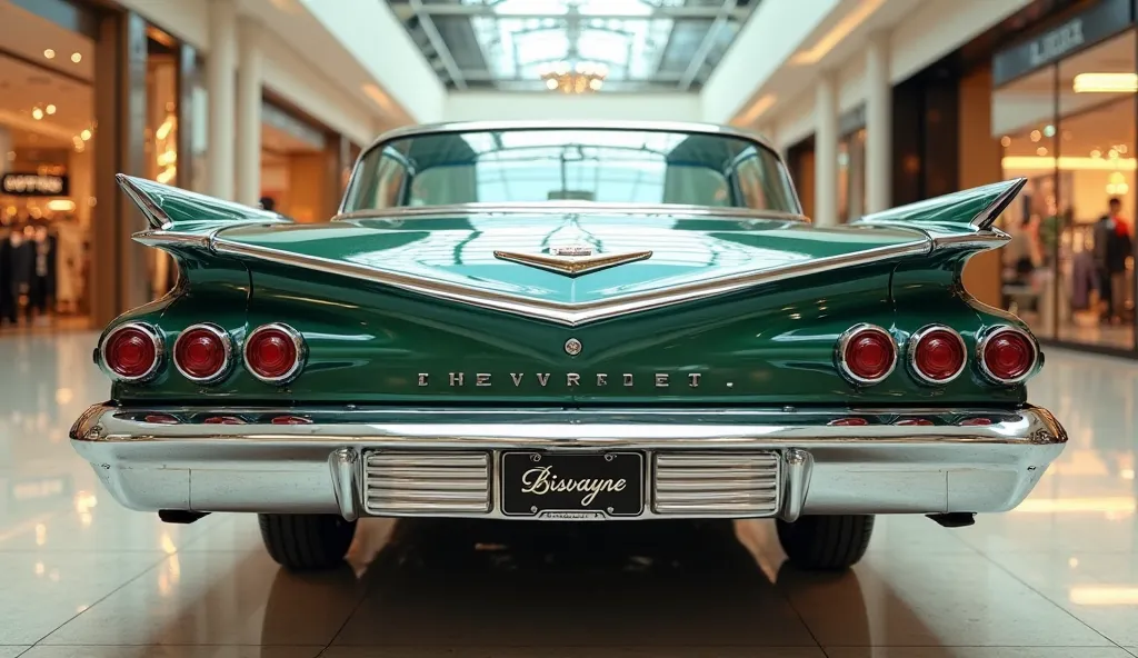 **"A hyper-realistic, ultra-HD digital render of a Chevrolet Biscayne (1958-1972) in deep metallic Green, parked in a modern shopping mall with bright natural lighting. The image must capture the pure rear view only, with no front or side angles visible. T...