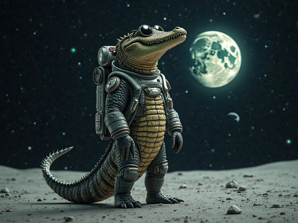 a crocodile going to the moon, wearing sunglasses and suit