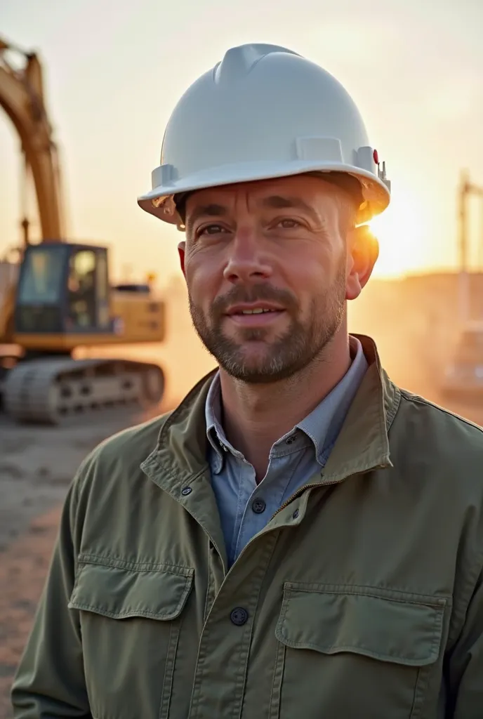 A civil engineer talking to the camera is in the center of the screen and his background is on the work site, with little smoke at the work site and the helmet is white and the sun is shining behind it