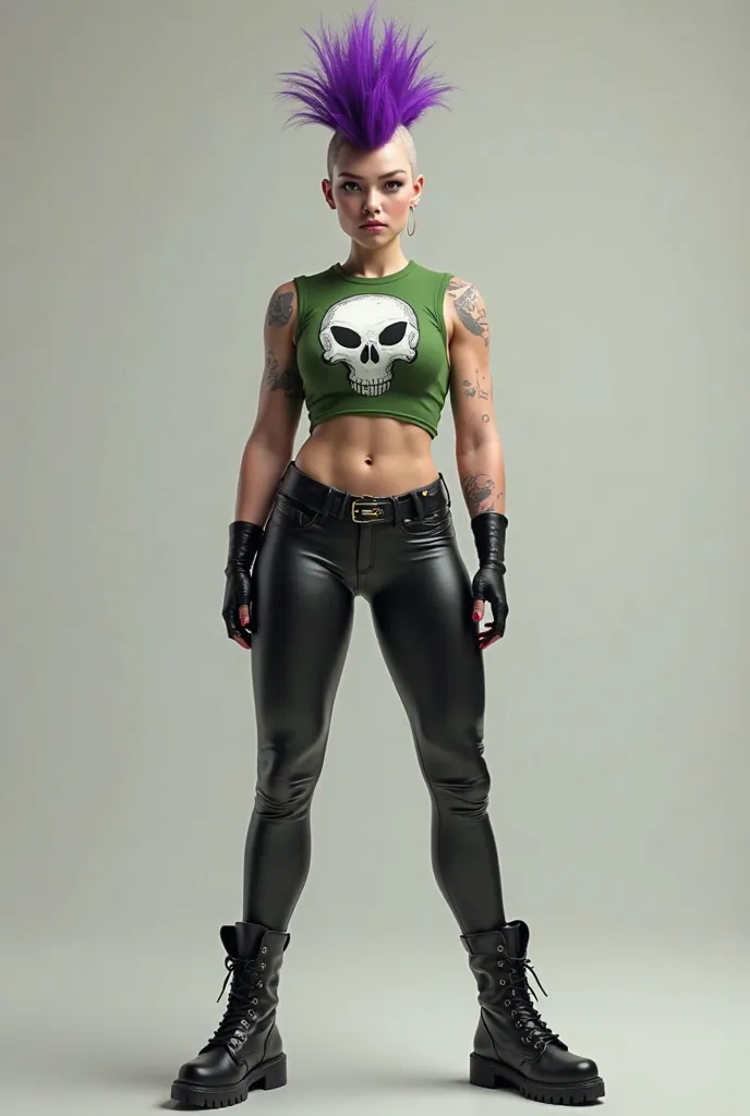 White woman, short stature, purple mohawk hair, muscular body. short green t-shirt with skull print, sleeveless black leather pants, black boots. ultra realistic, Full body image from feet to boots.