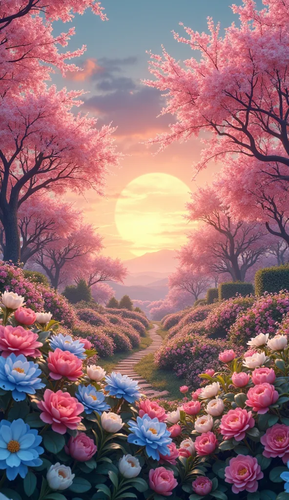 Realistic spring, With a beautiful tropical sunrise with blue camellia flowers , realistic spring with white and pink Zinnia flowers ,  with an arc of cherry blossoms around the image 