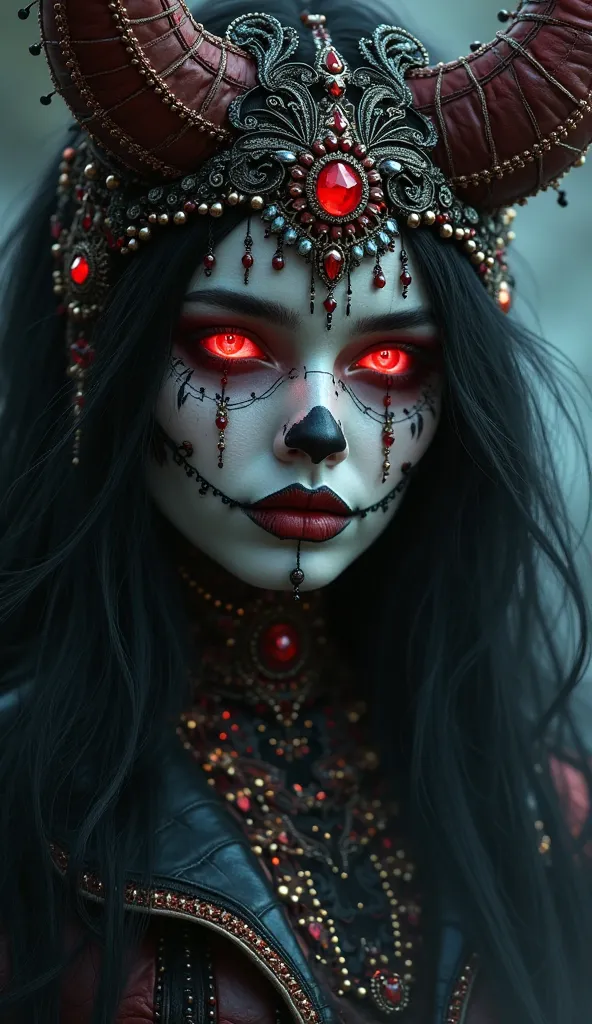 Closep up A beautifully detailed goddess Hel with makeup inspired by “La Catrina”, traditional icon of the Mexican Day of the Dead.  with long black hair and pale white skin Her reflective and intricate neon red eyes sparkle subtly as she offers an enigmat...