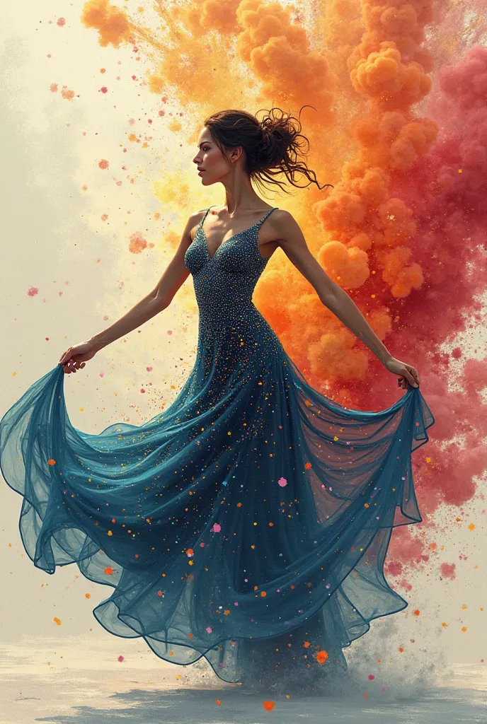 Draw a woman dancing with fluid, movements using dots to detail her dress and an explosive spray background.