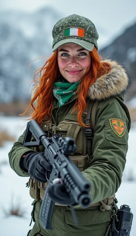 A fair-skinned Irish warrior with delicate freckles wears the tactical uniform of the Irish Special Forces, adapted for combat in cold regions. Her winter attire is fitted, and her jacket is slightly open, revealing her skin reddened by the cold. With a pl...