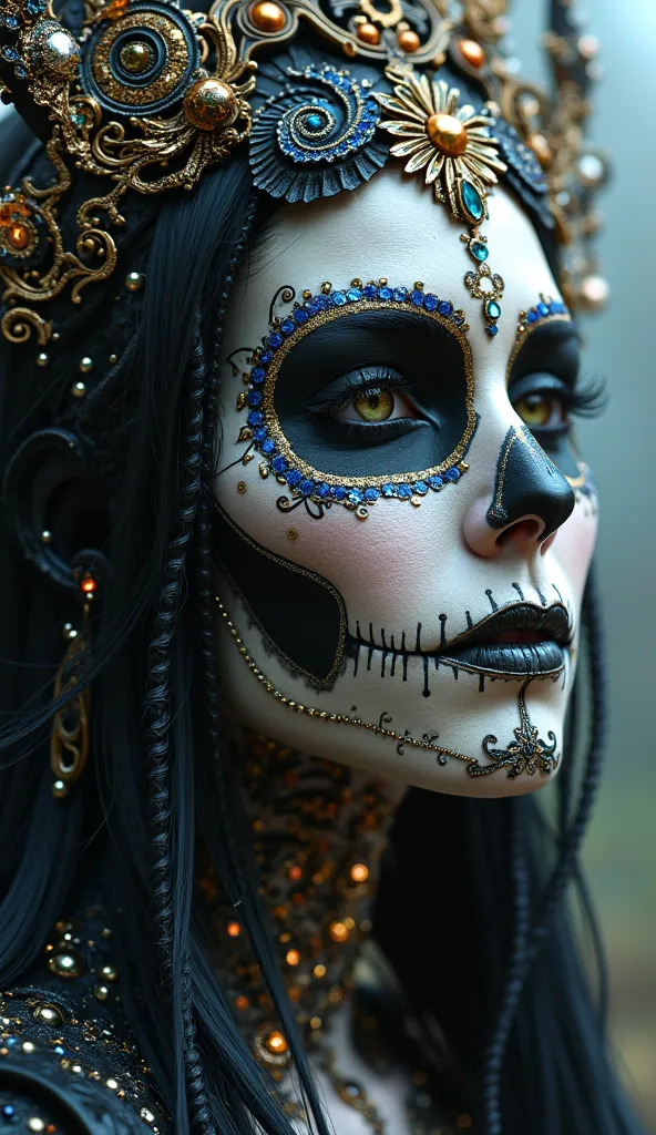 Closep up A beautifully detailed goddess Hel with makeup inspired by “La Catrina”, traditional icon of the Mexican Day of the Dead. Her face shows an elaborate painting that simulates a skull, Combining arabesques in black, blue and gold. The jewels embedd...