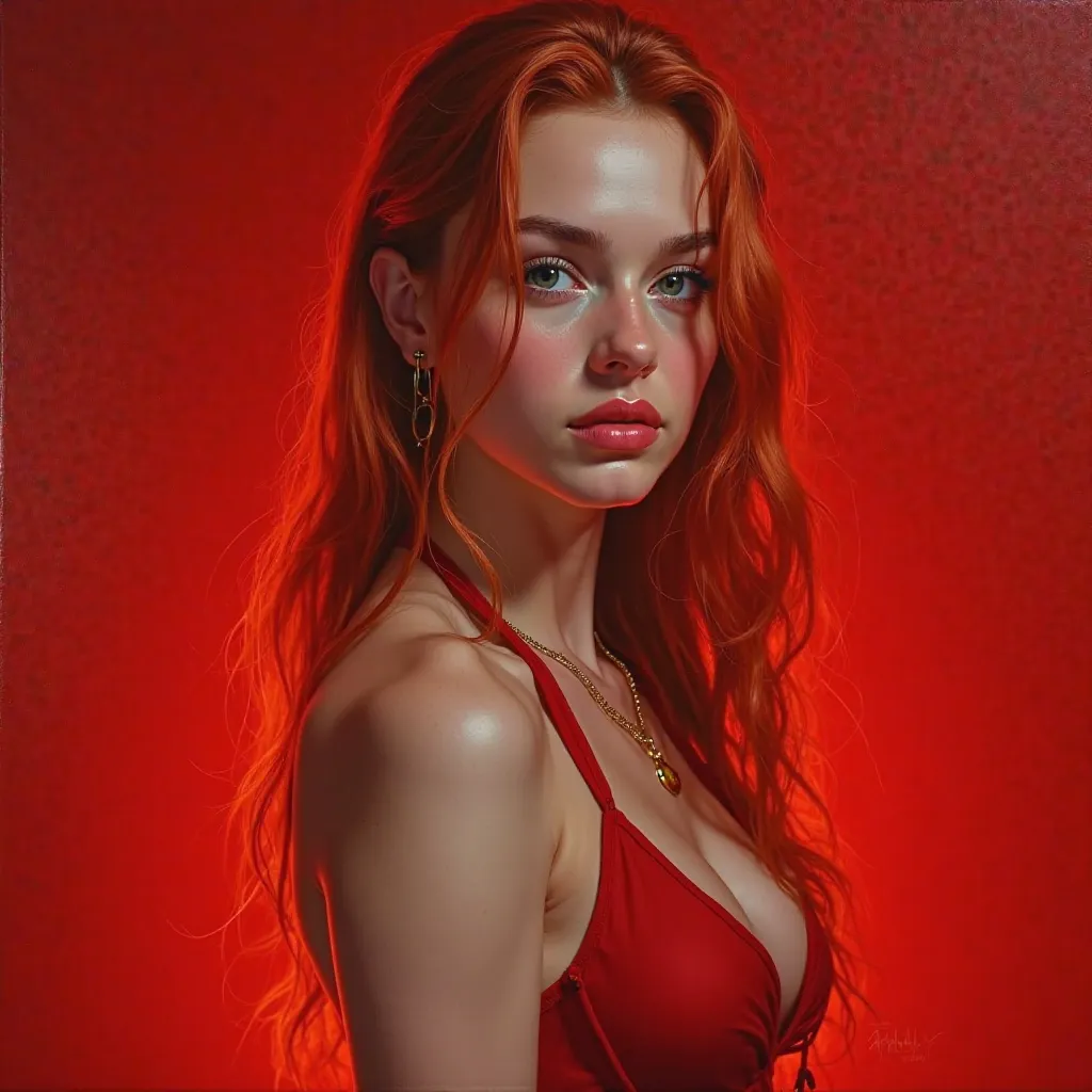 Hyperrealistic oil painting. 20-year-old woman, beautiful russian, with pale porcelain skin and some shine, blushed cheeks,small nose. delicate and sharp feminine features.She has very long and wet red hair,  STEEL GRAY EYES, She is wearing a tight red swi...