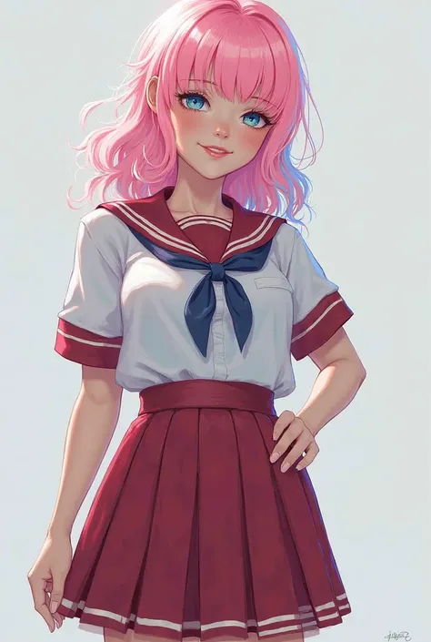 Make a big busty girl, pale pink haired with a hint of blue at the ends wearing an indoneaia high school uniform