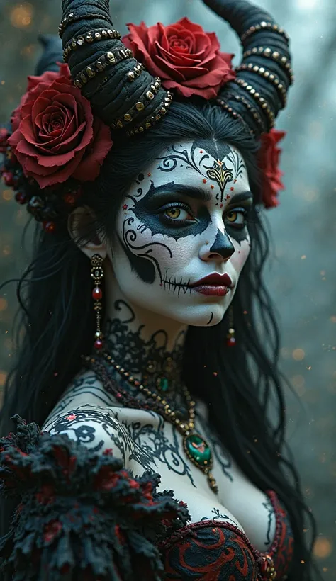 Closep up A beautifully detailed goddess Hel with makeup inspired by “La Catrina”, traditional icon of the Mexican Day of the Dead. Her black hair and pale white skin Her reflective and intricate eyes sparkle subtly as she offers an enigmatic villainous sm...